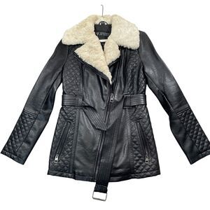 Guess Black XS Polyurethane Insulated Coat Belted Pockets Faux Fur‎ Collar WARM